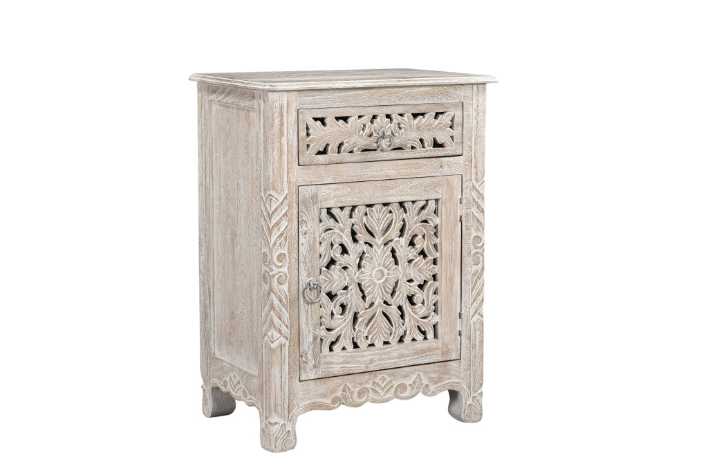 Distressed White 1 Drawer Carved Floral Nightstand