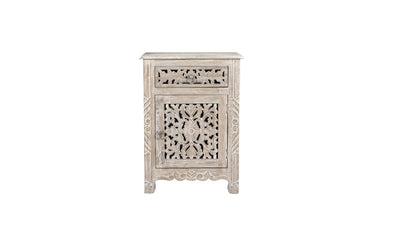 Distressed White 1 Drawer Carved Floral Nightstand