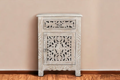 Distressed White 1 Drawer Carved Floral Nightstand