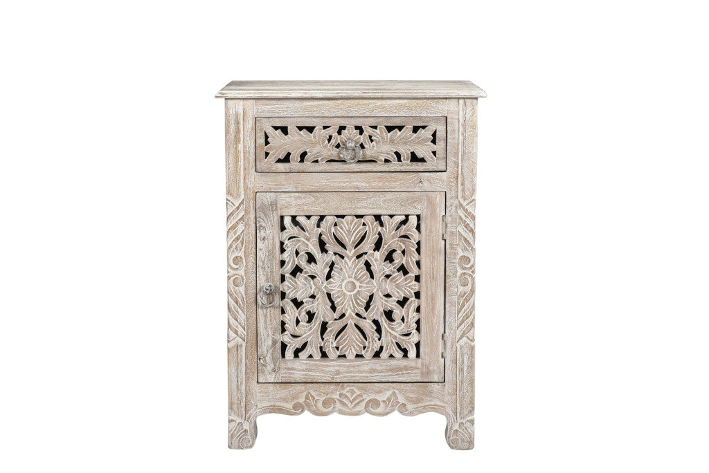 Distressed White 1 Drawer Carved Floral Nightstand