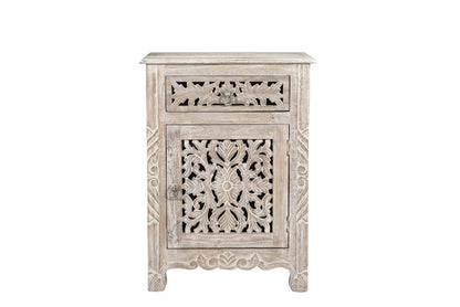Distressed White 1 Drawer Carved Floral Nightstand