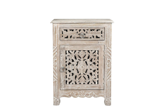 Distressed White 1 Drawer Carved Floral Nightstand