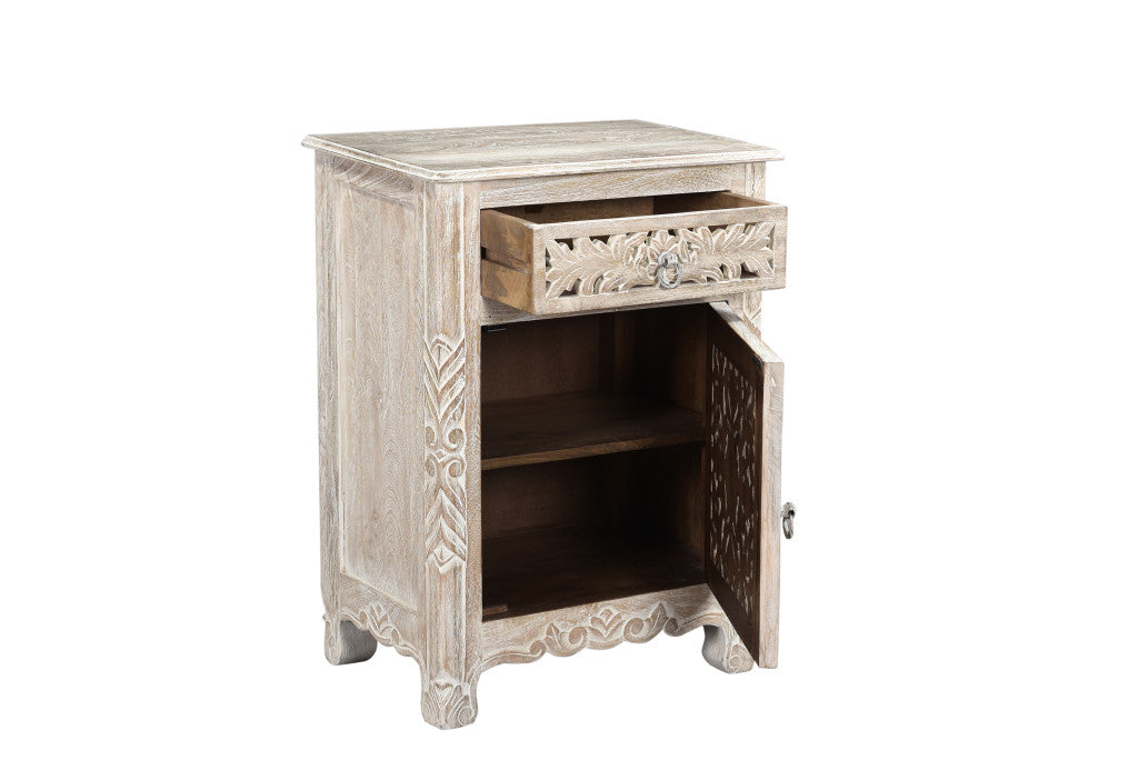Distressed White 1 Drawer Carved Floral Nightstand