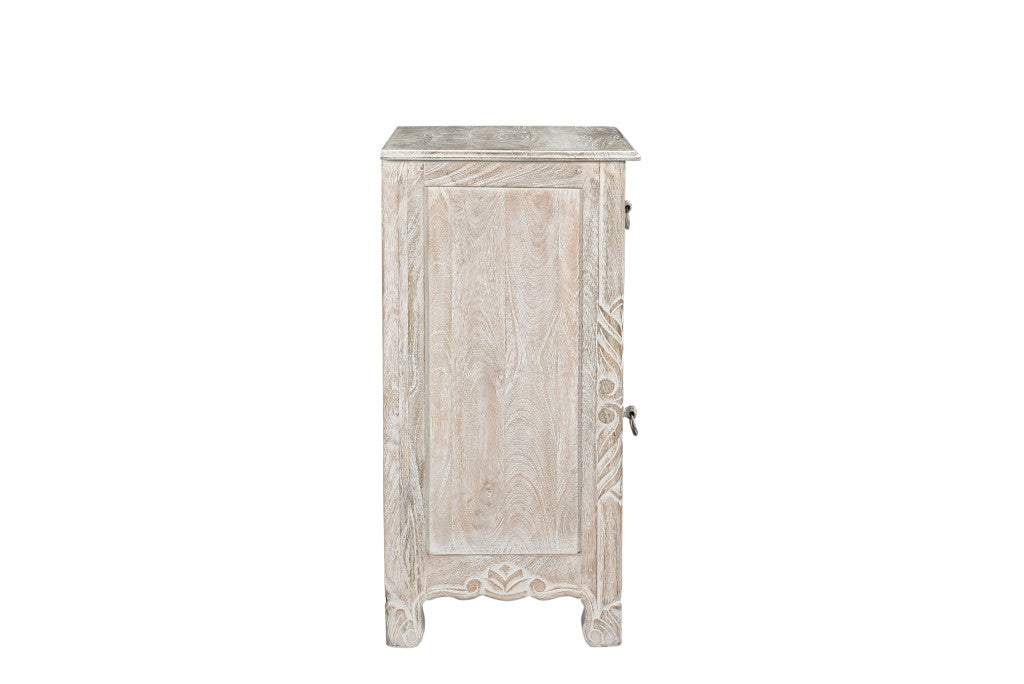 Distressed White 1 Drawer Carved Floral Nightstand
