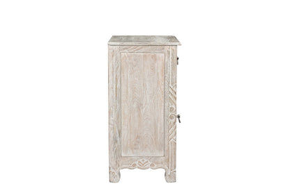 Distressed White 1 Drawer Carved Floral Nightstand