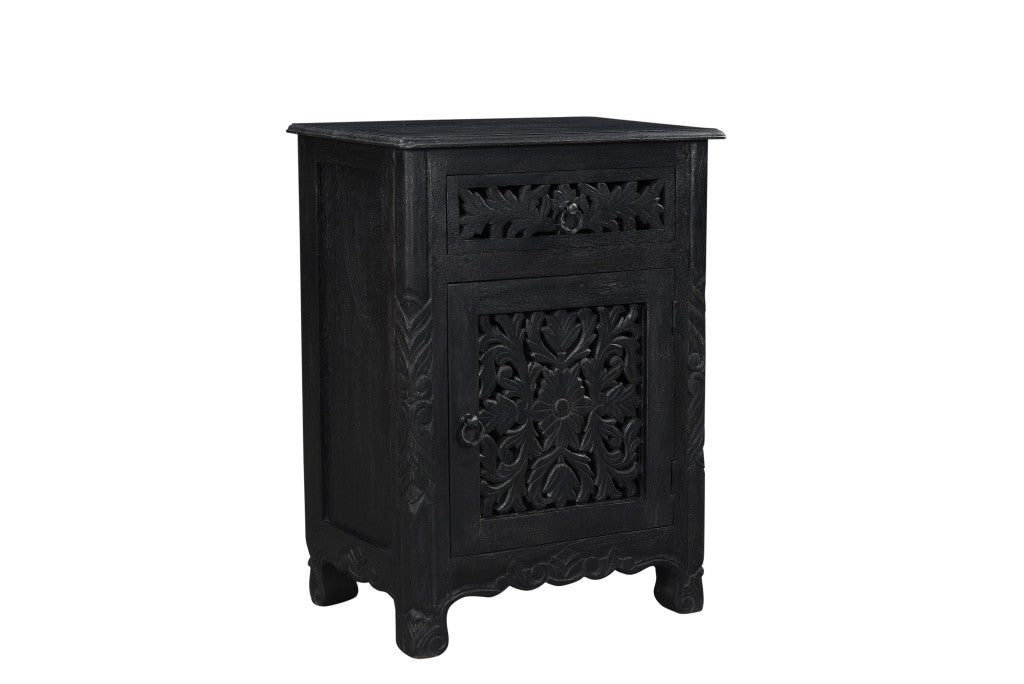 Distressed Black Carved Floral Nightstand