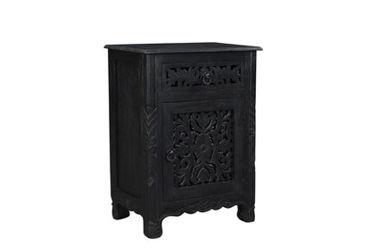 Distressed Black Carved Floral Nightstand