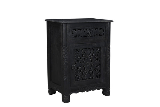 Distressed Black Carved Floral Nightstand