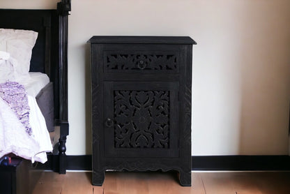 Distressed Black Carved Floral Nightstand
