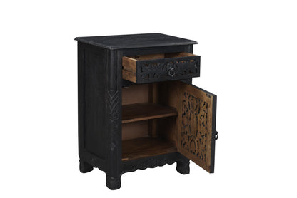 Distressed Black Carved Floral Nightstand