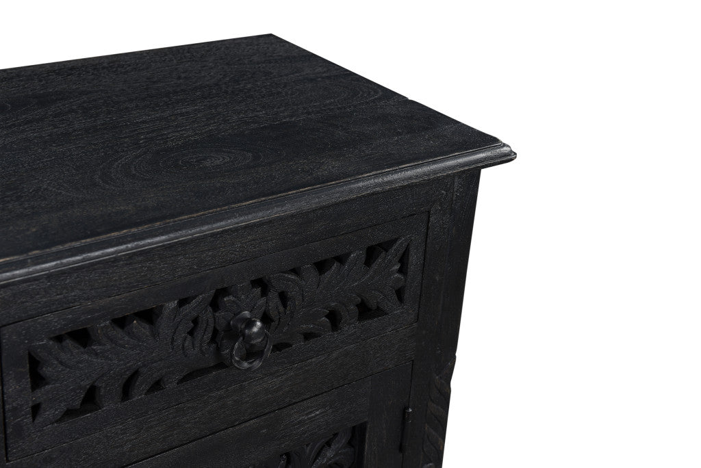 Distressed Black Carved Floral Nightstand