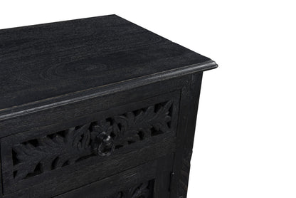 Distressed Black Carved Floral Nightstand
