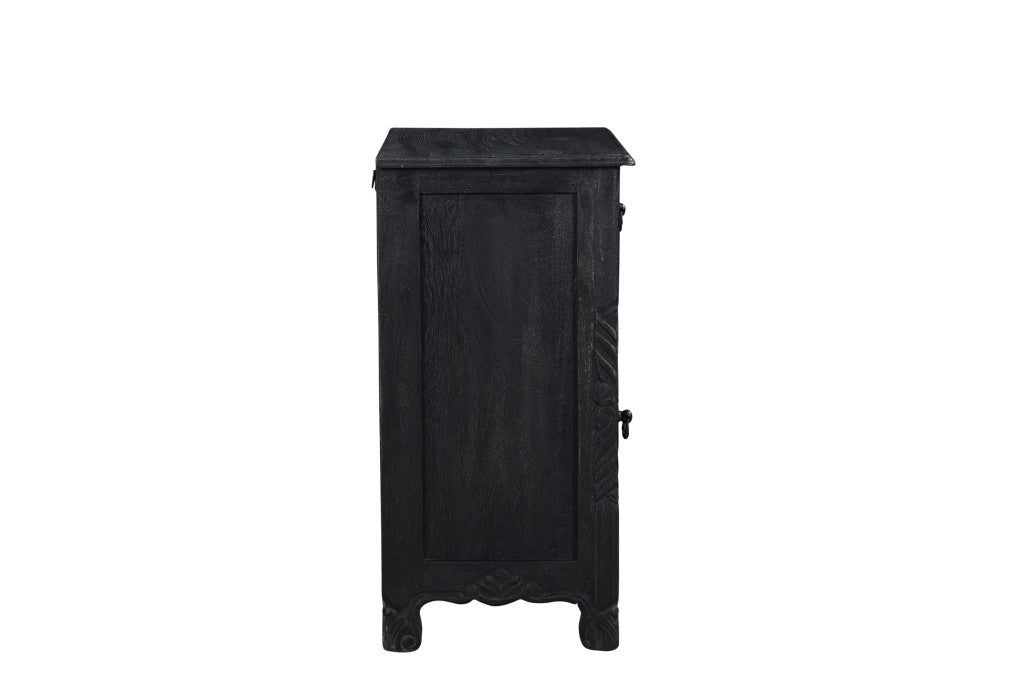 Distressed Black Carved Floral Nightstand