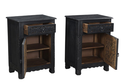 Distressed Black Carved Floral Nightstand