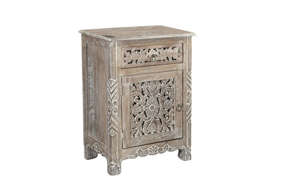 Distressed Gray Carved Floral Nightstand