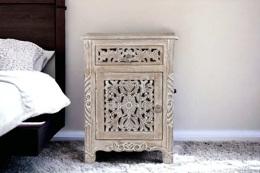 Distressed Gray Carved Floral Nightstand