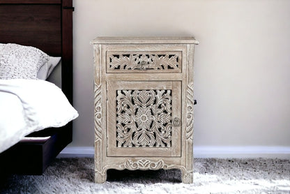 Distressed Gray Carved Floral Nightstand