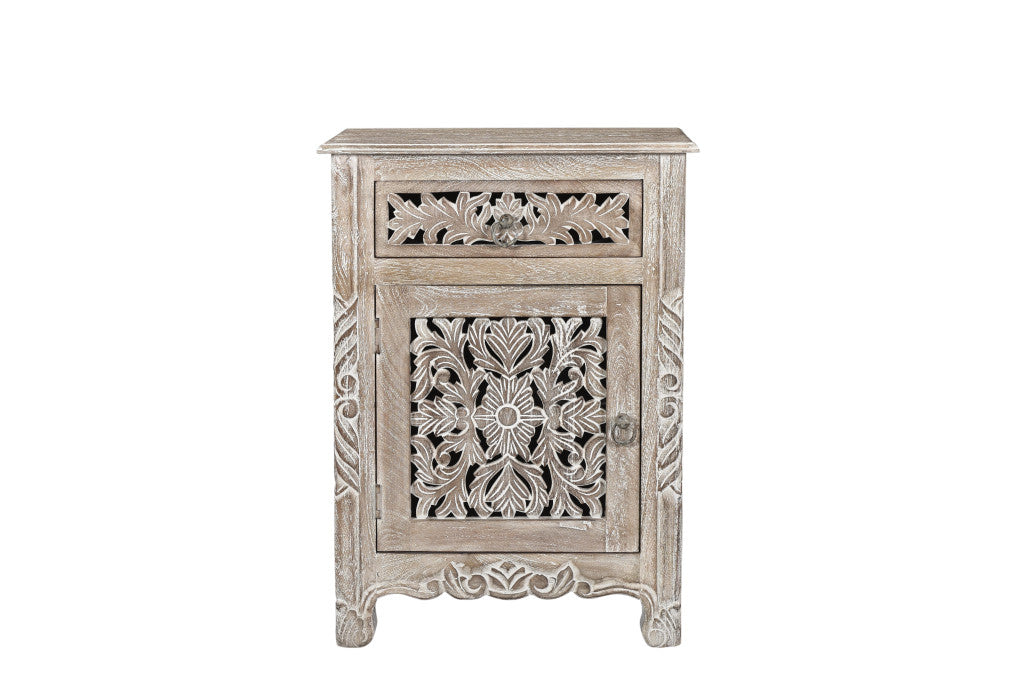 Distressed Gray Carved Floral Nightstand