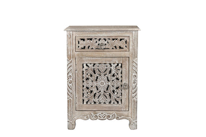 Distressed Gray Carved Floral Nightstand