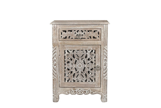 Distressed Gray Carved Floral Nightstand