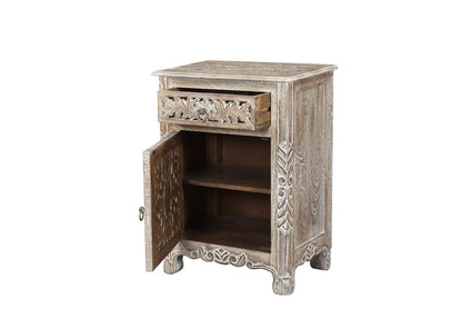 Distressed Gray Carved Floral Nightstand