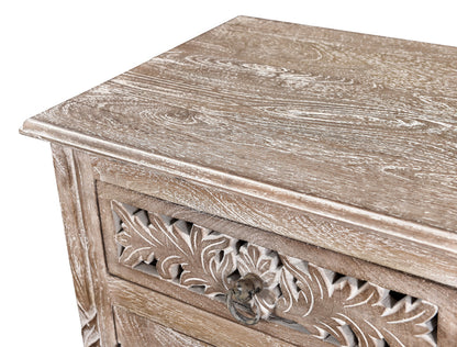 Distressed Gray Carved Floral Nightstand