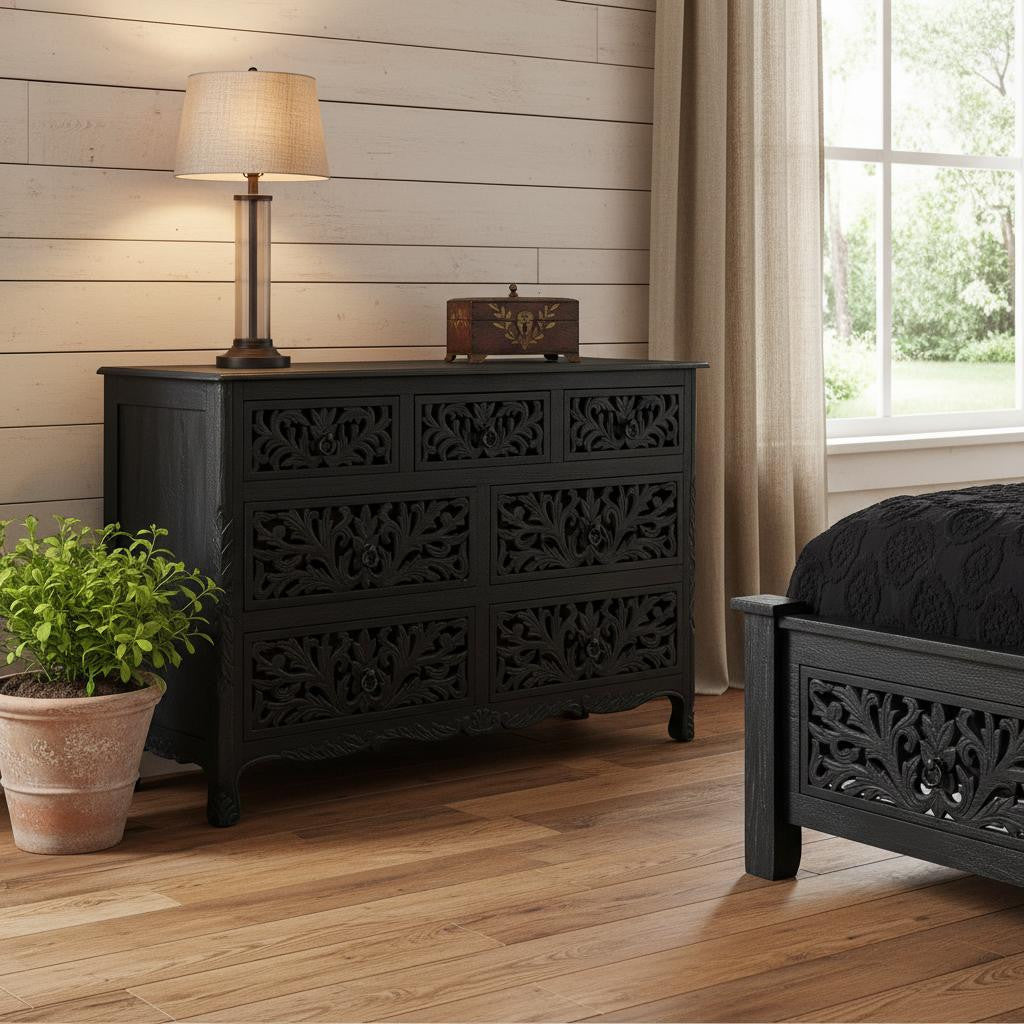 Black Solid Wood Seven Drawer Dresser image 1