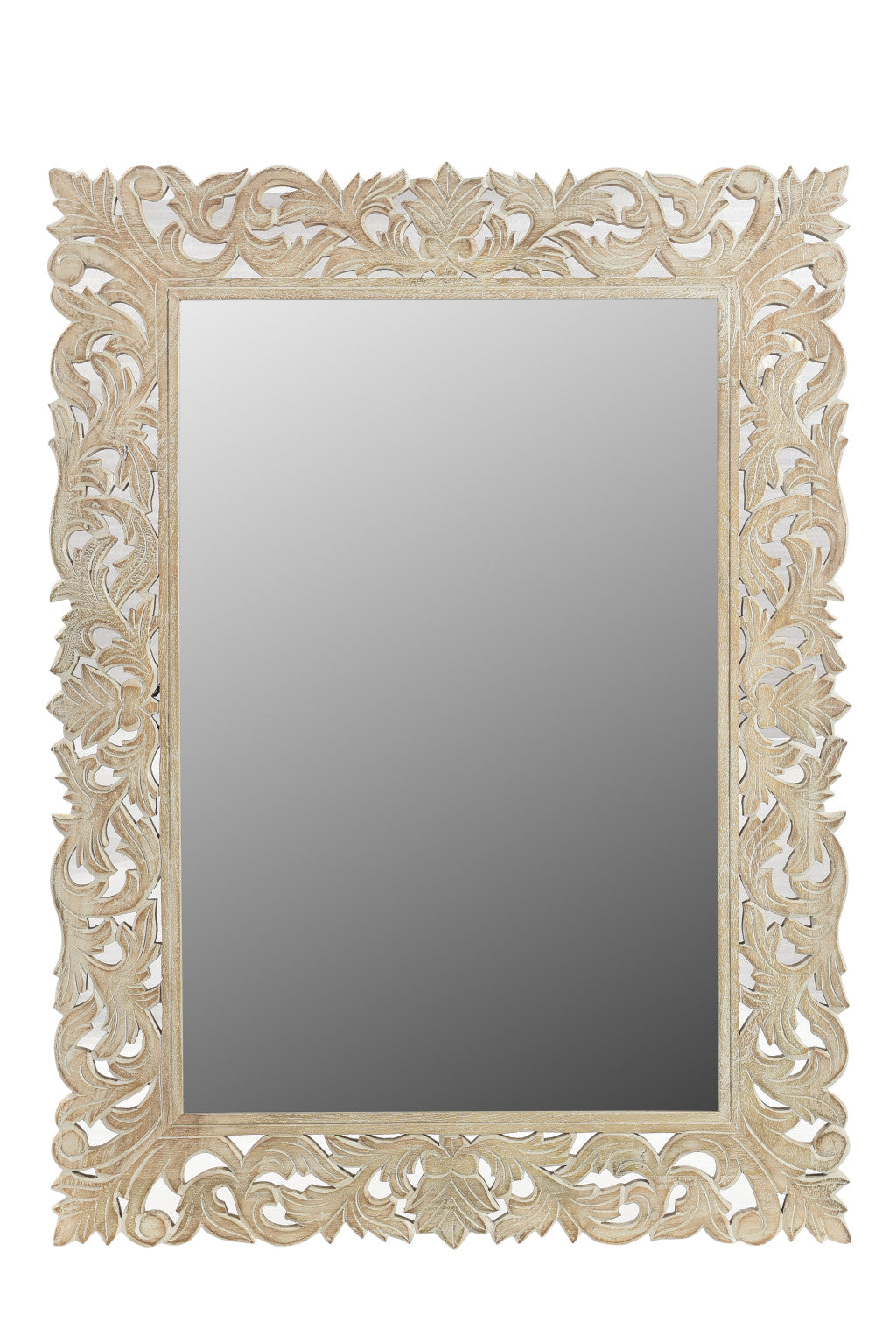 Antiqued White Solid Wood Carved Scrollwork Accent Mirror
