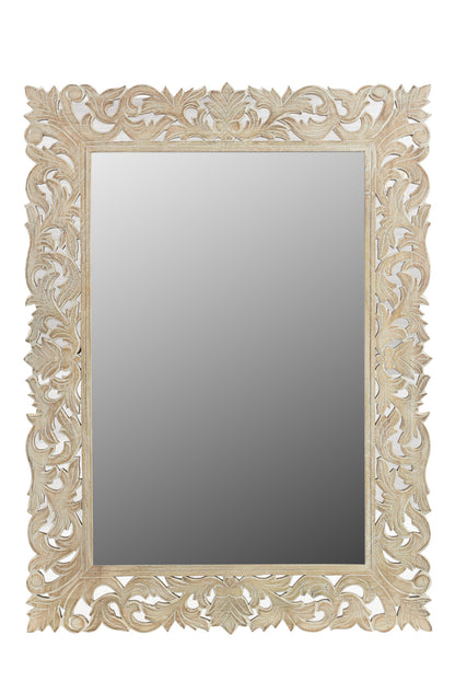 Antiqued White Solid Wood Carved Scrollwork Accent Mirror