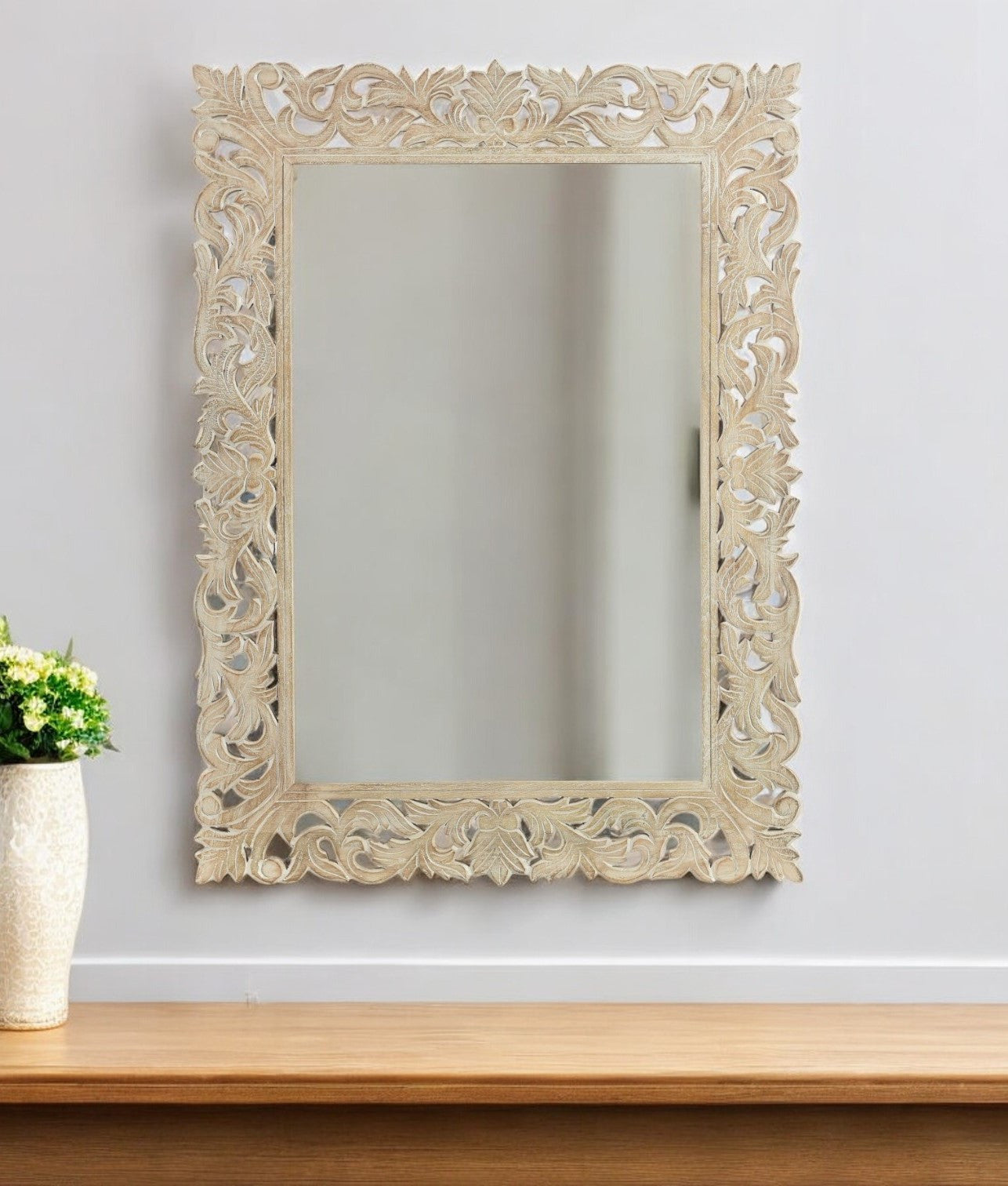 Antiqued White Solid Wood Carved Scrollwork Accent Mirror