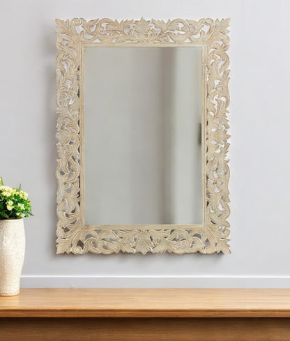 Antiqued White Solid Wood Carved Scrollwork Accent Mirror