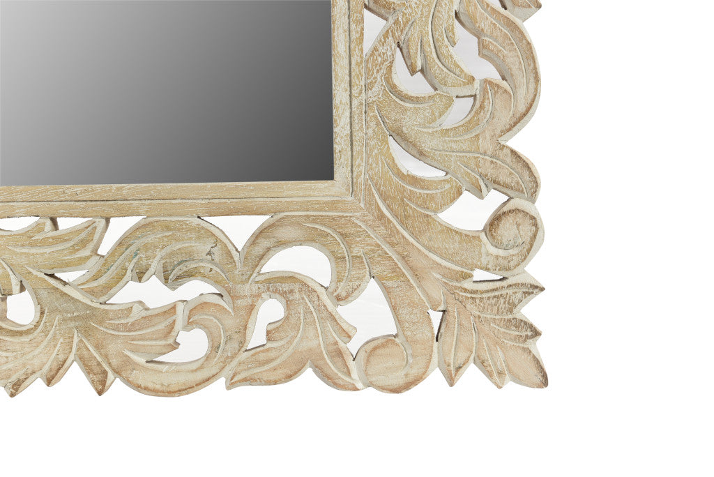 Antiqued White Solid Wood Carved Scrollwork Accent Mirror