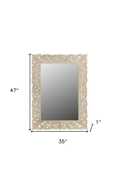 Antiqued White Solid Wood Carved Scrollwork Accent Mirror