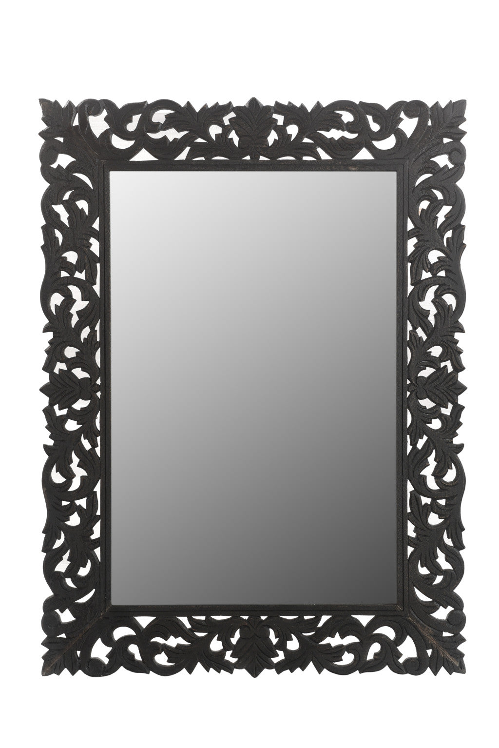 Black Floral Carved Solid Wood Accent Mirror