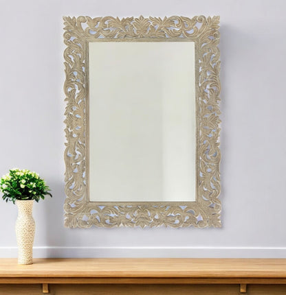 Gray Floral Carved Solid Wood Accent Mirror