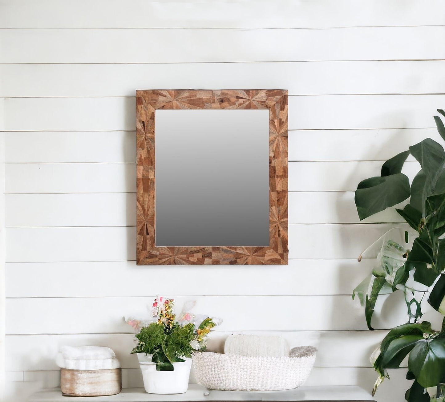 Brown Solid Wood Geometric Starburst Accent Mirror