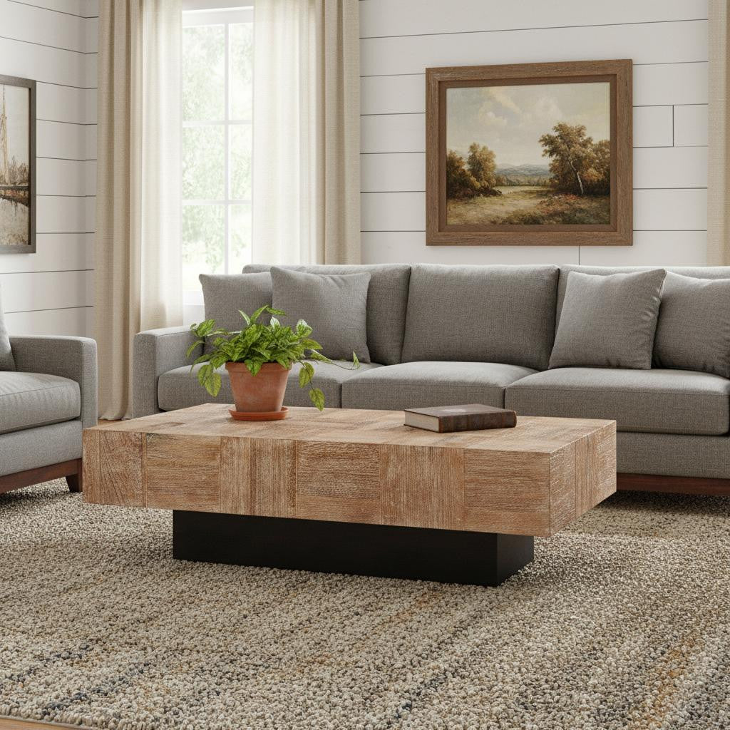 Natural & Black Solid Wood Block Coffee Table image 1