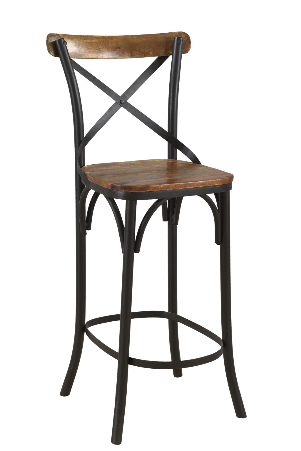 Brown & Black Solid Wood & Metal Counter Height Bar Chair