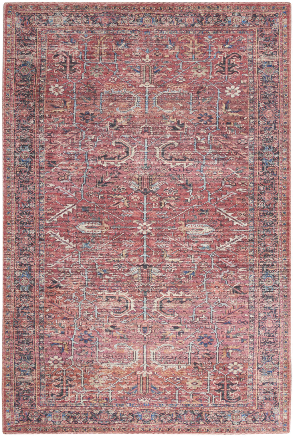 9 x 12 Red Floral Power Loom Distressed Rug