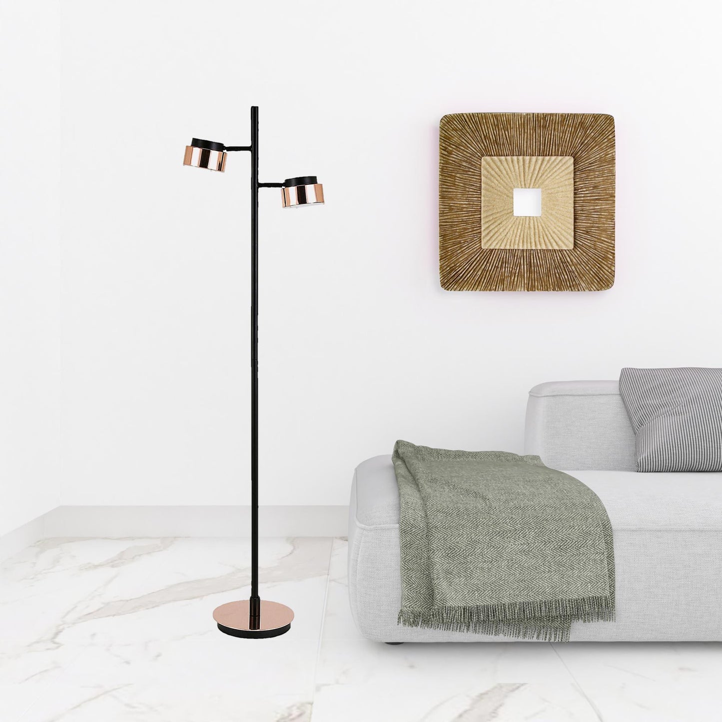 Black 2-Light Tree Floor Lamp w/ Copper Shade