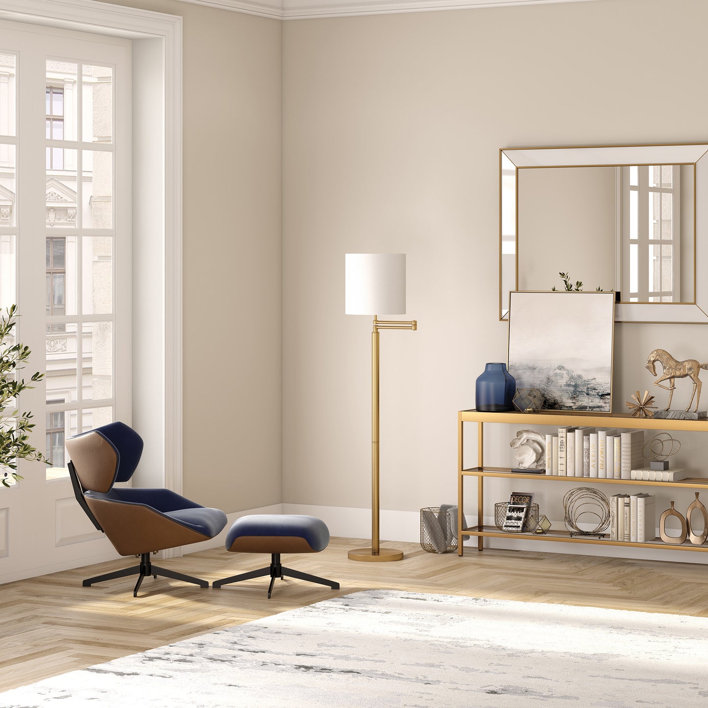 Brass Swing Arm Floor Lamp w/ Shade