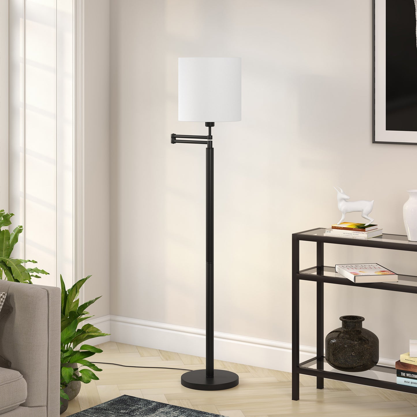 Black Swing Arm Floor Lamp w/ Shade