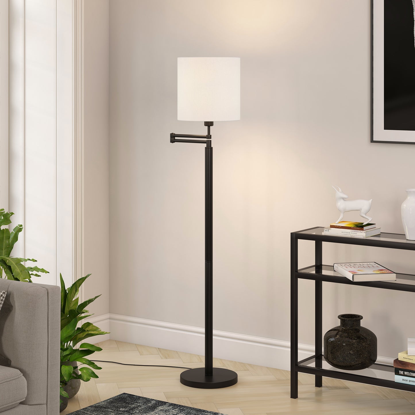 Black Swing Arm Floor Lamp w/ Shade
