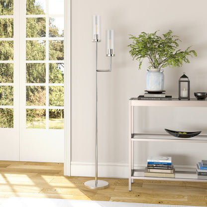 Nickel 2-Light Torchiere Floor Lamp w/ Clear Glass Shade