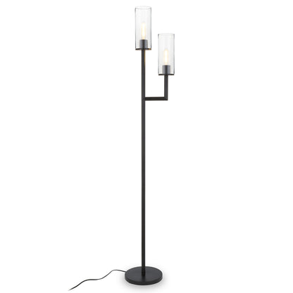 Black 2-Light Torchiere Floor Lamp w/ Clear Glass Shade