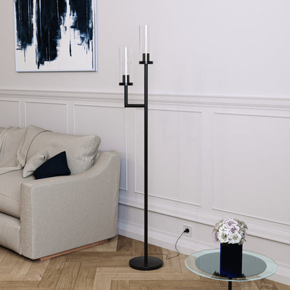 Black 2-Light Torchiere Floor Lamp w/ Clear Glass Shade