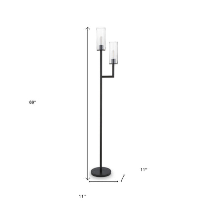 Black 2-Light Torchiere Floor Lamp w/ Clear Glass Shade