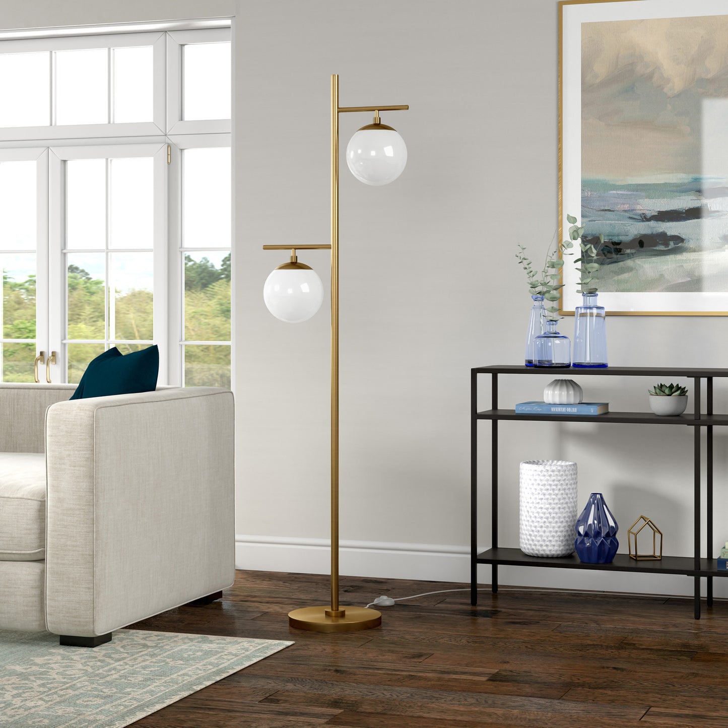 Brass 2-Light Tree Floor Lamp w/ Shade