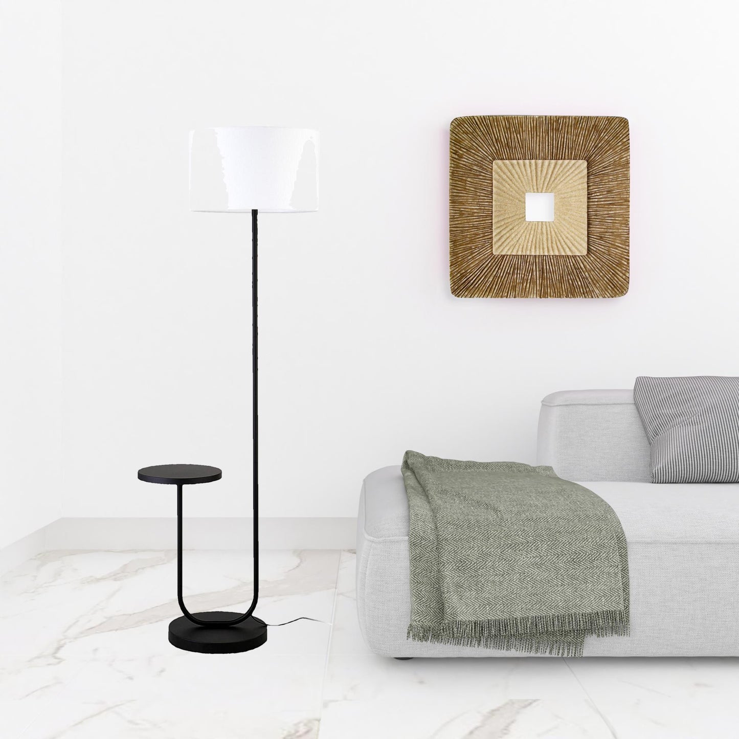 Black Tray Table Floor Lamp w/ White Frosted Glass Shade