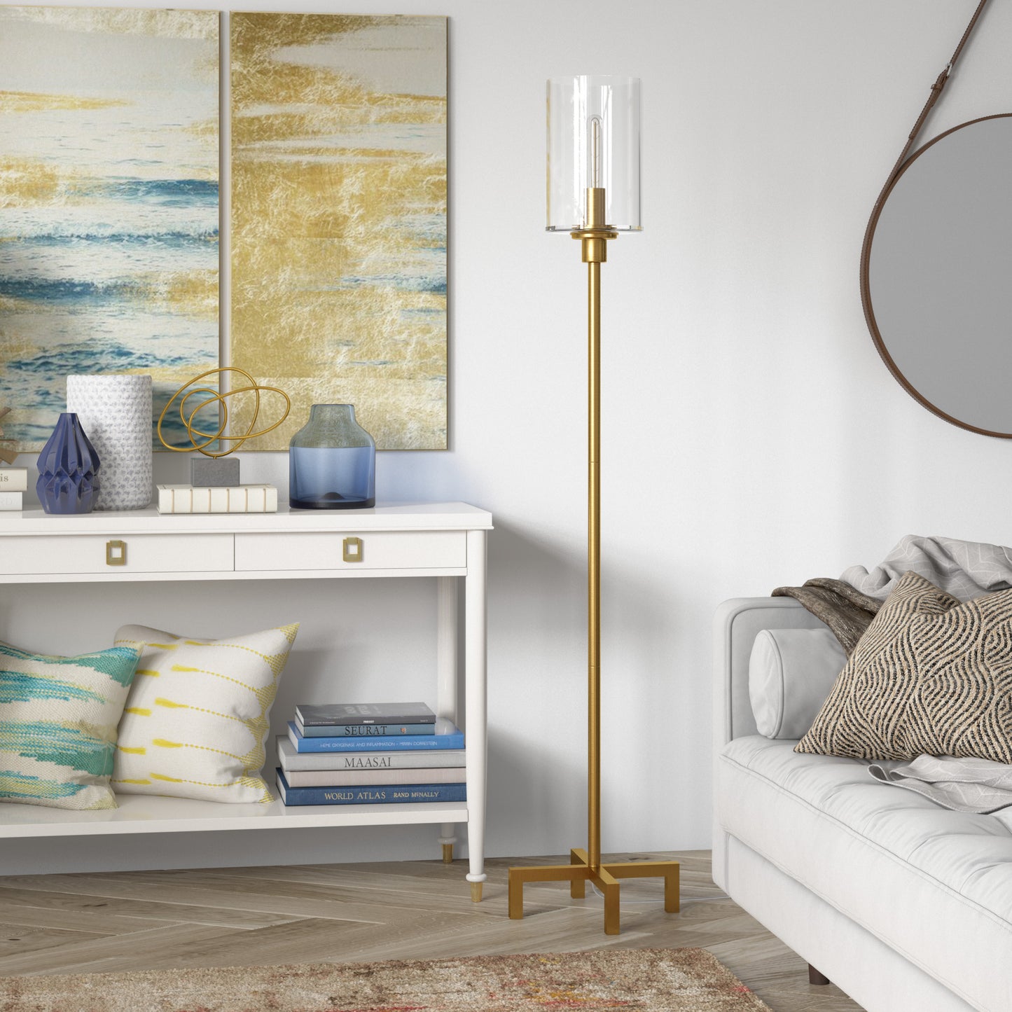 Brass Torchiere Floor Lamp w/ Clear Glass Shade